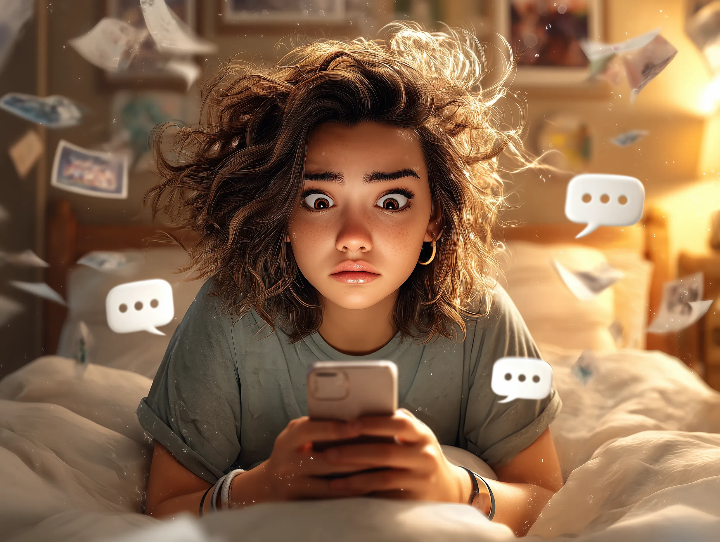 Jovem com expressão ansiosa na cama, olhando o celular com balões de fala e papéis flutuando, ilustrando o impacto do hate online e cyberbullying em adolescentes.