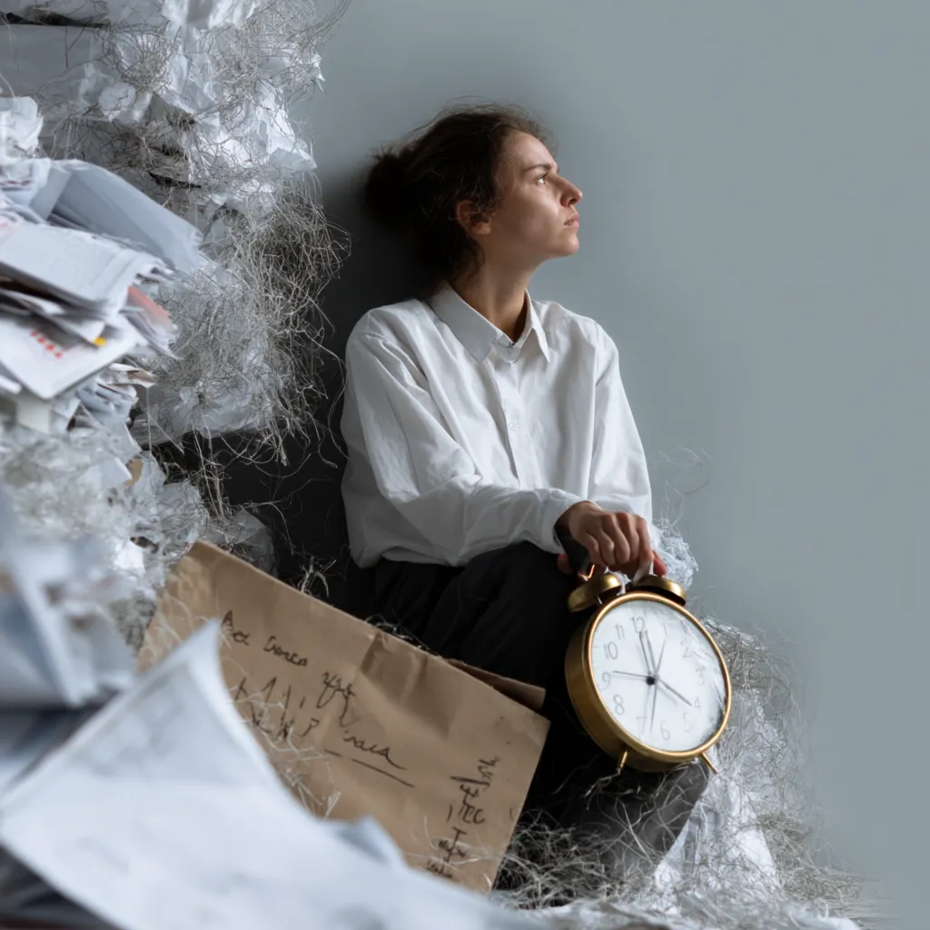 Pessoa sentada no chão, cercada por papéis amassados, segurando um despertador, representando a exaustão e a perda de controle do tempo devido ao Burnout.