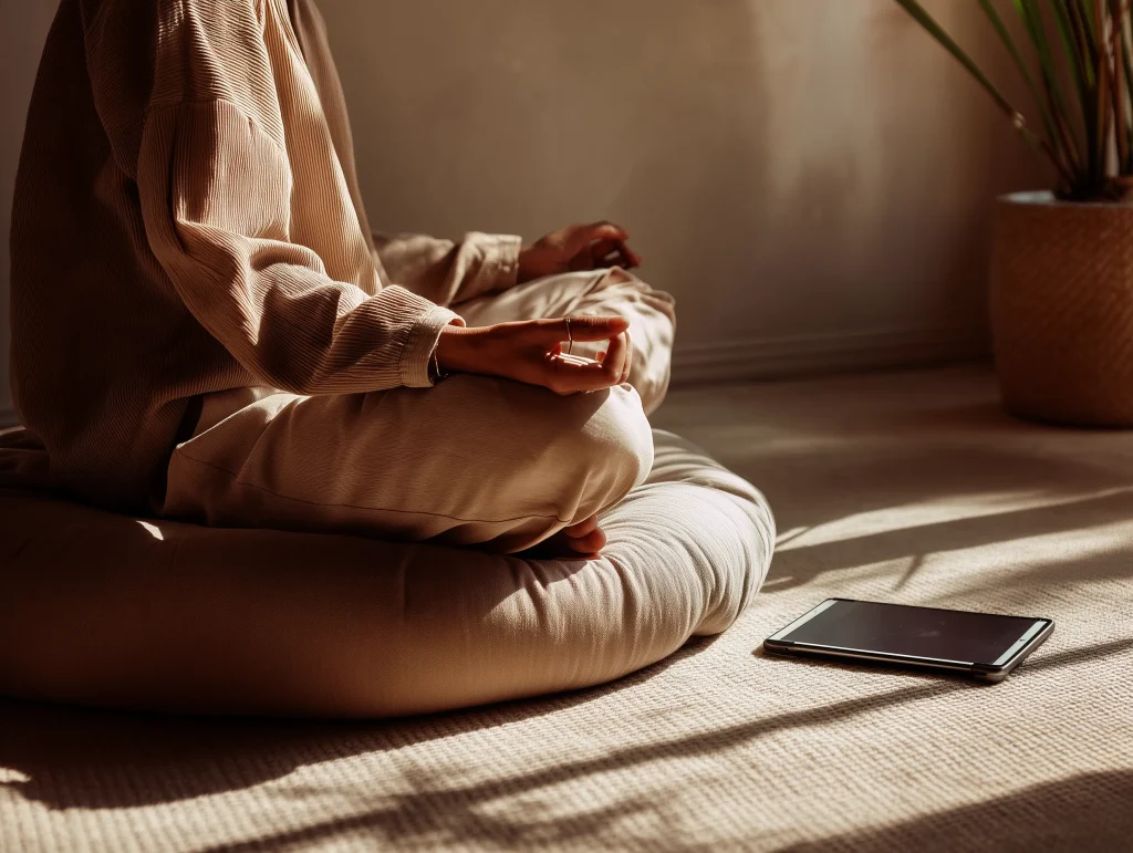 Pessoa meditando com um tablet fechado ao lado, simbolizando o detox digital e a busca por clareza e paz mental como estratégia para lidar com hate online.