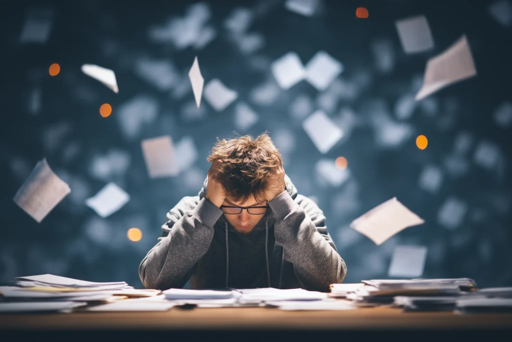 Trabalhador exausto com as mãos na cabeça e papéis voando ao redor, ilustrando a síndrome de Burnout e o esgotamento profissional.